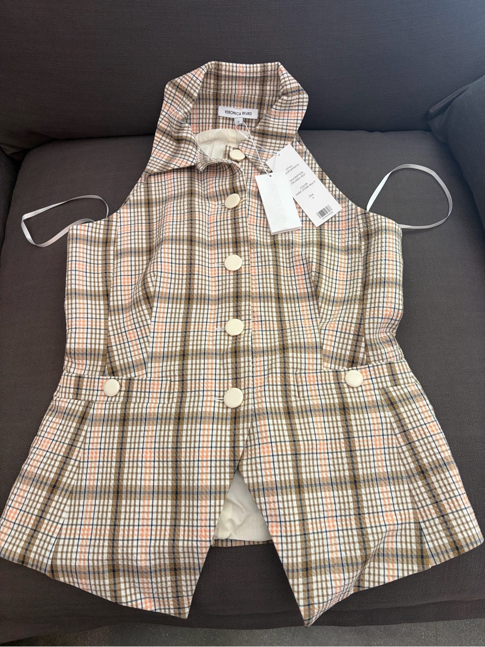 Veronica Beard Beige Plaid Button-Front Vest with Cream Buttons
